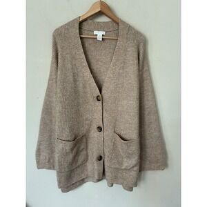 HM Womens Oversized Ribbed Knit Cardigan Sweater Beige V-Neck  Small Minimalist